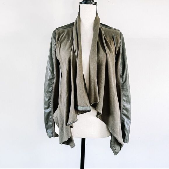 Blank NYC Olive Green Drape Wrap Front Mixed Media Faux Leather Jacket Sz XS - Picture 2 of 10